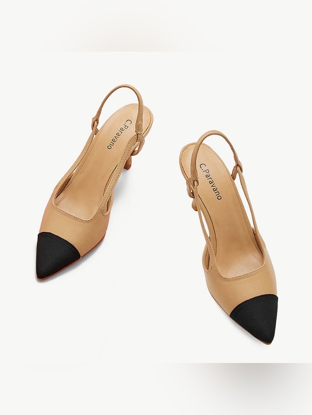 Tan and Black Pointed Slingback Heels